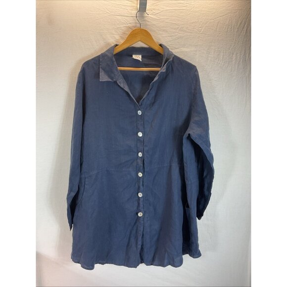 MATCH POINT 100% LINEN Navy Blue‎ pockets button front tunic size XL Oversized - Picture 1 of 9